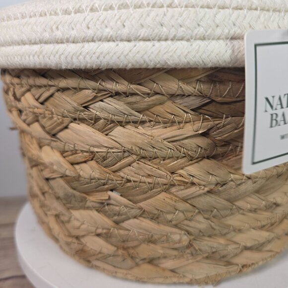 Natural Woven Basket W/ Woven Cloth Lid - Handmade Storage Container - Picture 6 of 9